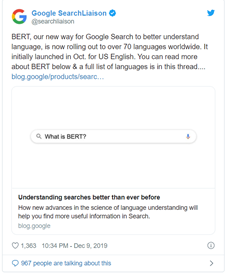 Google oznamuje, že BERT se rozšiřuje do více než 70 jazyků po celém světě. Zdroj: Twitter