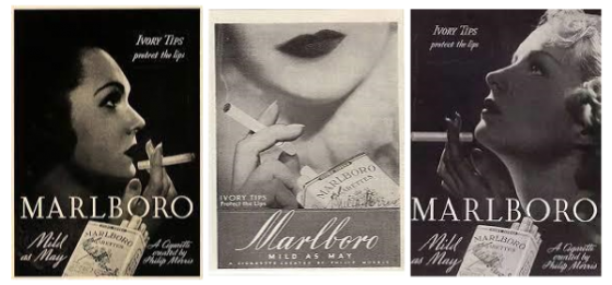 Komunikace značky Marlboro před změnou strategie v roce 1936. Tehdy ještě šlo o „ženskou značku“.