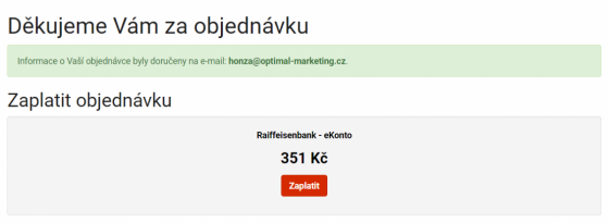 Tlačítko pro zaplacení po odeslání objednávky