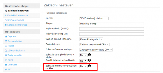 Nastavení cookie lišty v administraci e-shopu