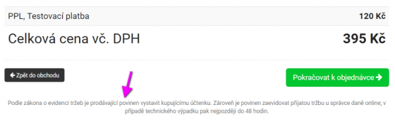 Informace o EET v košíku