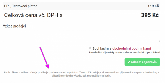 Informace o EET před odesláním objednávky