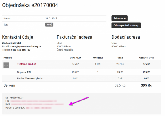 EET informace na detailu objednávky