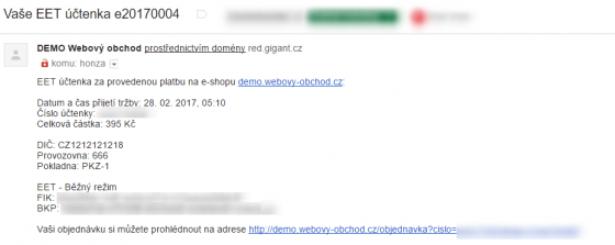EET účtenka, která je vystavena zákazníkovi