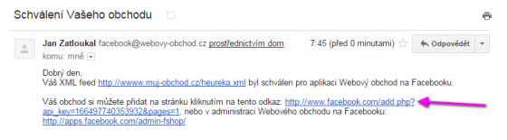 E-mail s odkazem na přidání na stránku