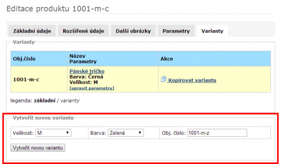 Vytvoření nové varianty produktu