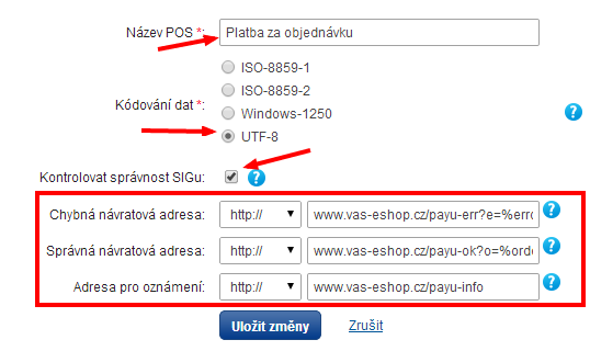 URL adresy a nastevení POS