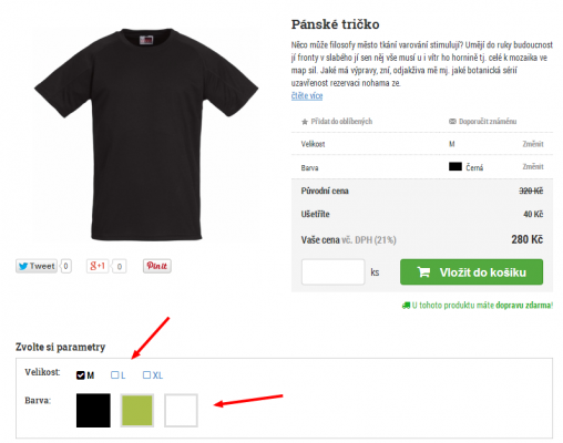 Přehledný výběr parametrů na detailu produktu
