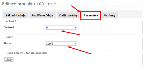 Zadání parametrů při editaci produktu