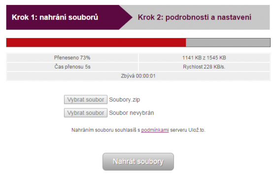Průběh nahrávání na Ulož.to
