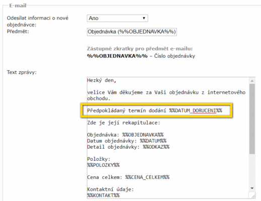 Termín dodání v textu e-mailu