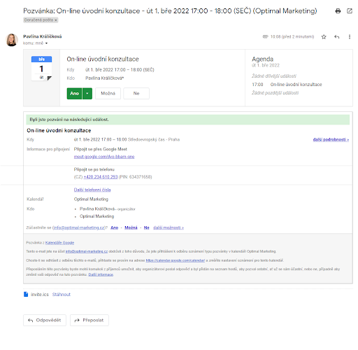 Google meet: Zobrazovací stránka pro vstup z pozvánky z e-mailu