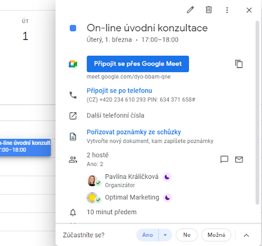 Google meet: Zobrazovací stránka pro vstup z google kalendáře